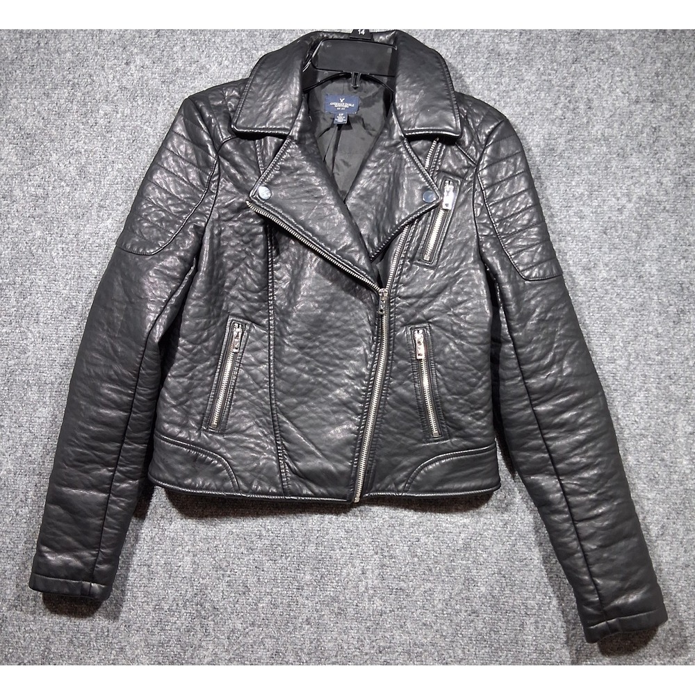 American Eagle Womens Black Faux Leather Moto‎ Biker Jacket Quilted S 05/14 1875